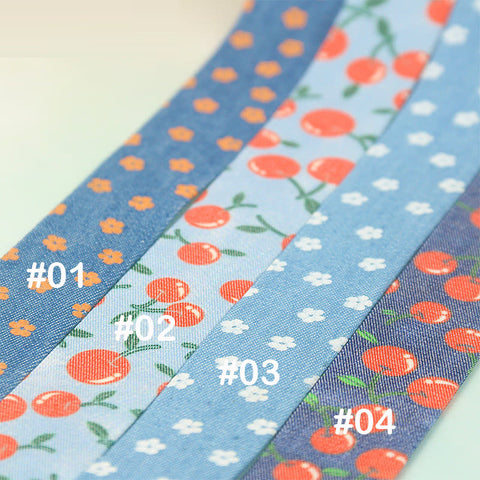 Denim Bias Tape, Bias Binding, Cherry or Floral Pattern, 25mm/40mm Width, Single Folded, Material to DIY Hair Accessory, Bow, Dog Cat Leash