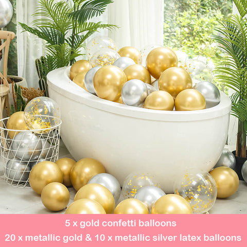 35pcs 12" Metallic Gold, Metallic Silver, Gold Confetti Balloon