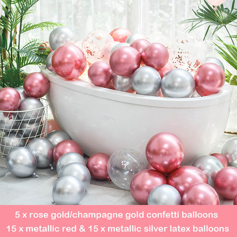 35pcs 12" Metallic Red, Silver, Rose Gold/Champagne Gold Confetti Balloon
