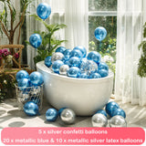 35pcs 12" Metallic Blue, Metallic Silver, Silver Confetti Balloon